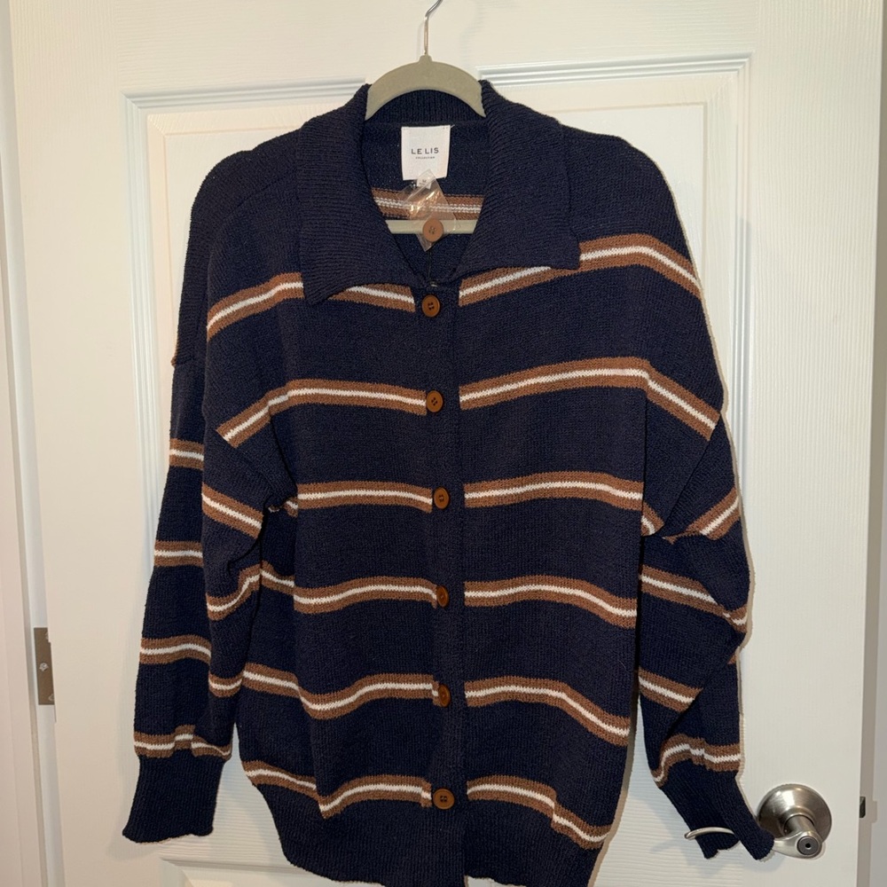 Le Lis Navy Striped Button-Front Cardigan with Brown Accents